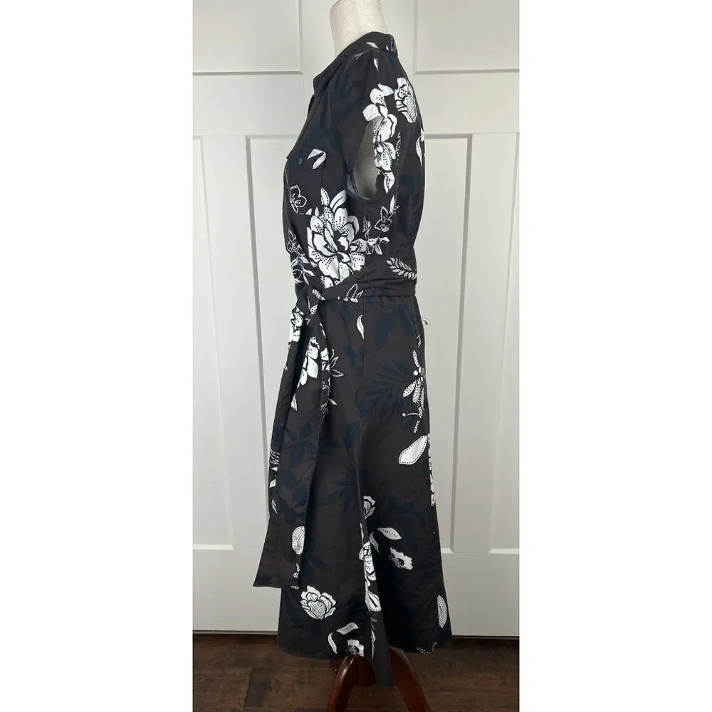 Talbots Fit & Flare Dress 12 Brown Cream Floral Faux Wrap Belted Midi - Picture 3 of 10
